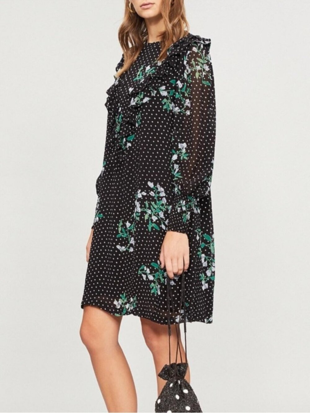 Ganni Rometty Georgette Ruffled Floral Polkadot Dress Size EU 34 = Size 2 Black